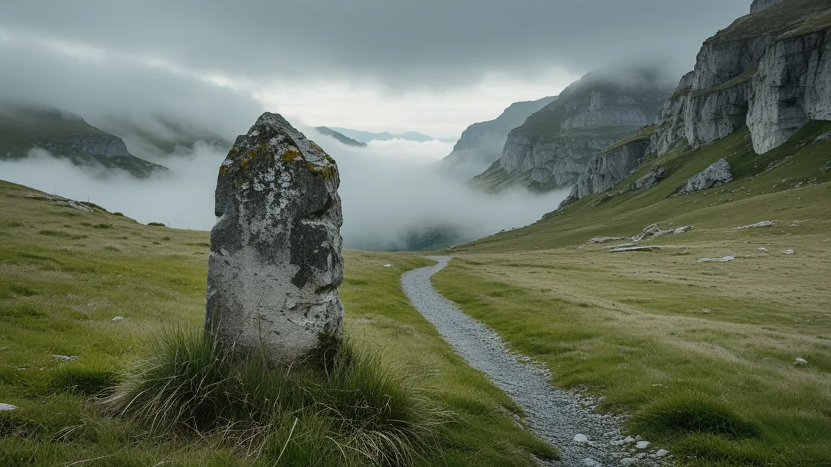 Verwitterter Grenzstein auf einer Alpweide an einem Pass, Wolken unter den Felsbändern