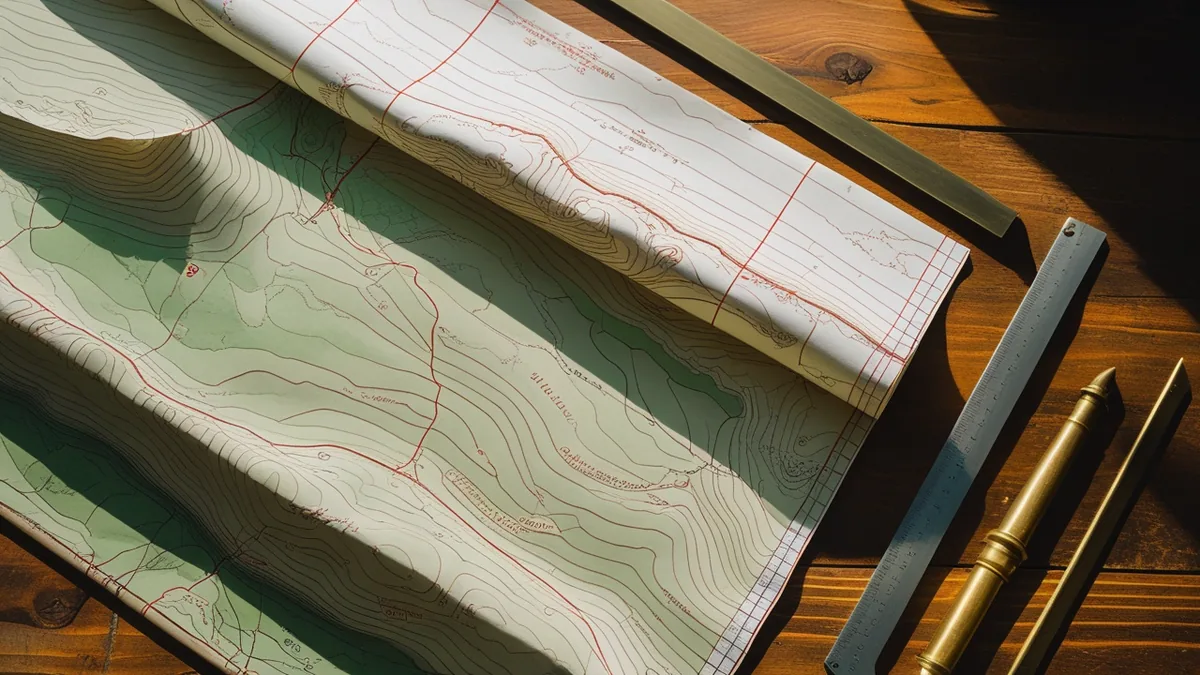 Topografische Karte mit Höhenlinien auf einem Holztisch, daneben Zirkel und Stahllineal