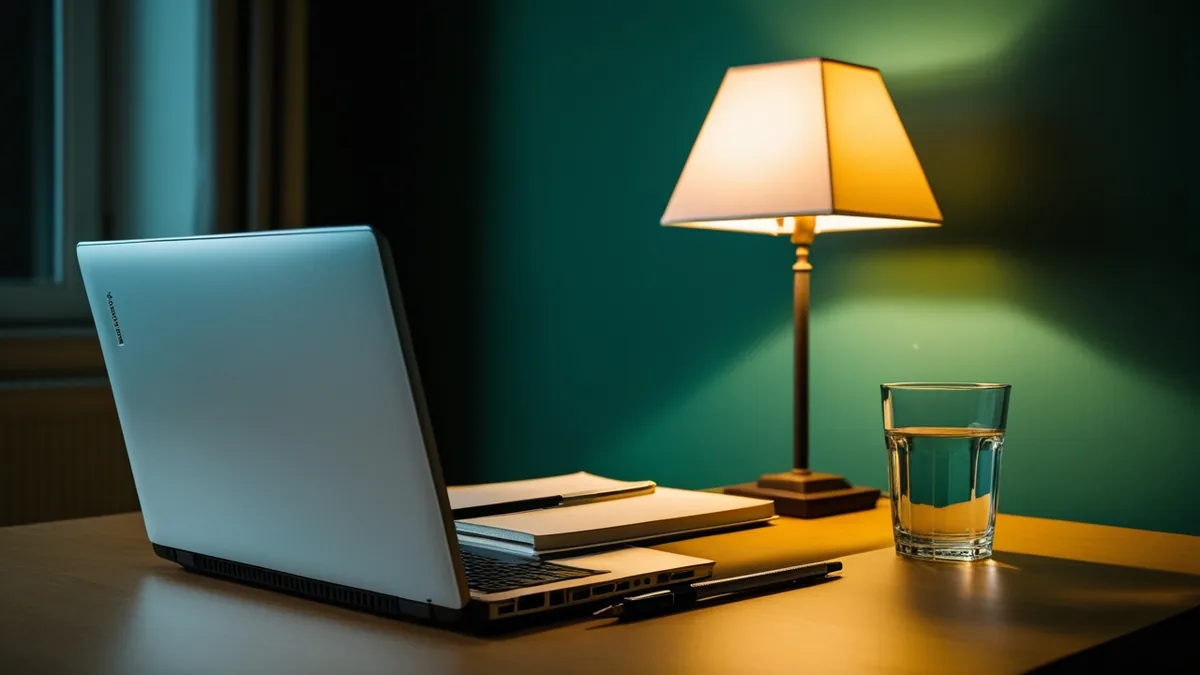 Schreibtisch am Abend mit geschlossenem Laptop, aufgeschlagenem Notizblock und Leselampe
